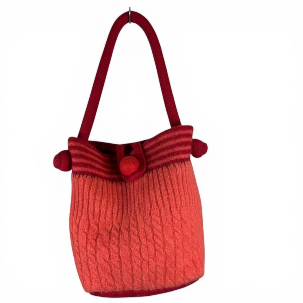 Handmade Red Orange Felted Wool Cable Knit Bucket Bag Pom Pom Tote